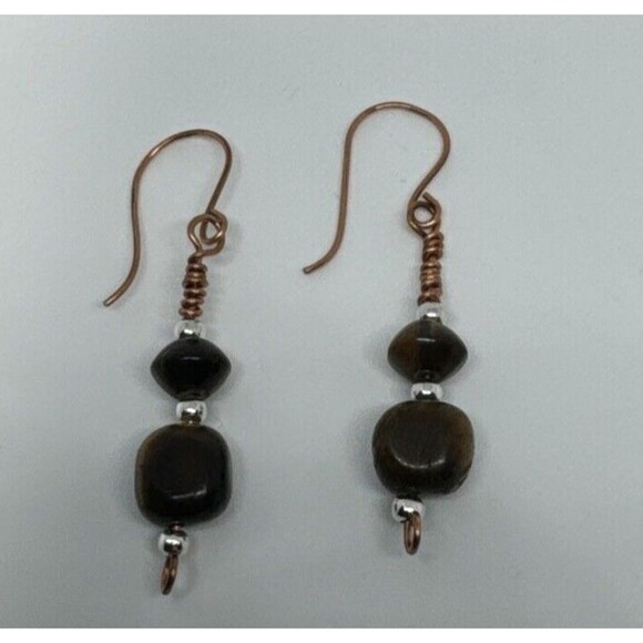 Copper And Tiger's Eye Stone Dangle Earrings Handmade Copper Ear Hooks - Picture 5 of 8